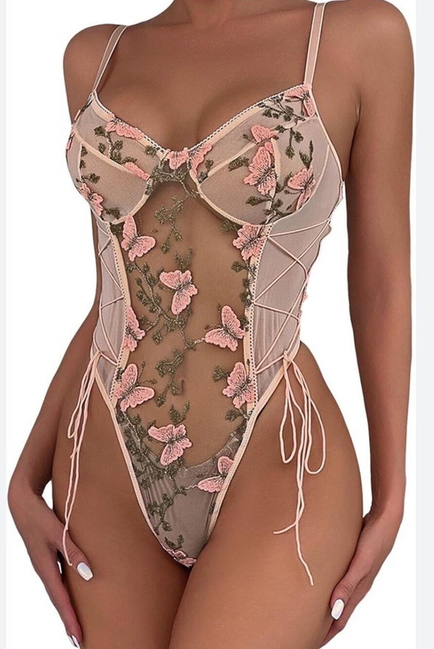 Sexy Butterfly Embroidered Mesh Lace-Up Teddy Bodysuit Pink Floral Size Small